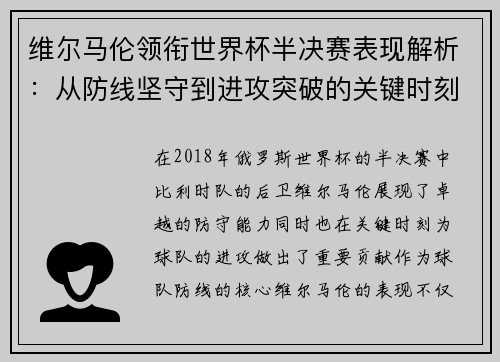 维尔马伦领衔世界杯半决赛表现解析：从防线坚守到进攻突破的关键时刻
