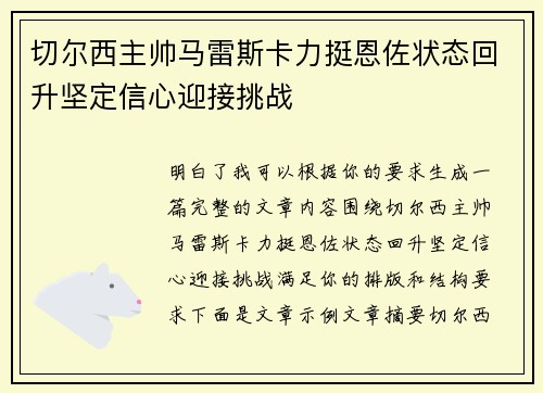 切尔西主帅马雷斯卡力挺恩佐状态回升坚定信心迎接挑战 切尔西主帅马雷斯卡力挺恩佐状态回升坚定信心迎接挑战