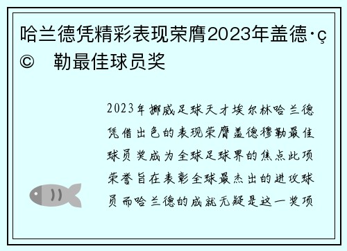 哈兰德凭精彩表现荣膺2023年盖德·穆勒最佳球员奖 哈兰德凭精彩表现荣膺2023年盖德·穆勒最佳球员奖